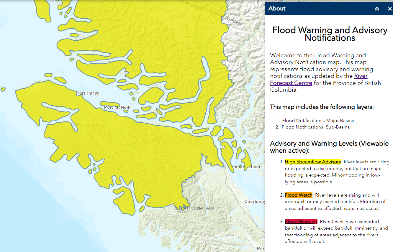 High Streamflow Advisory For North Vancouver Island