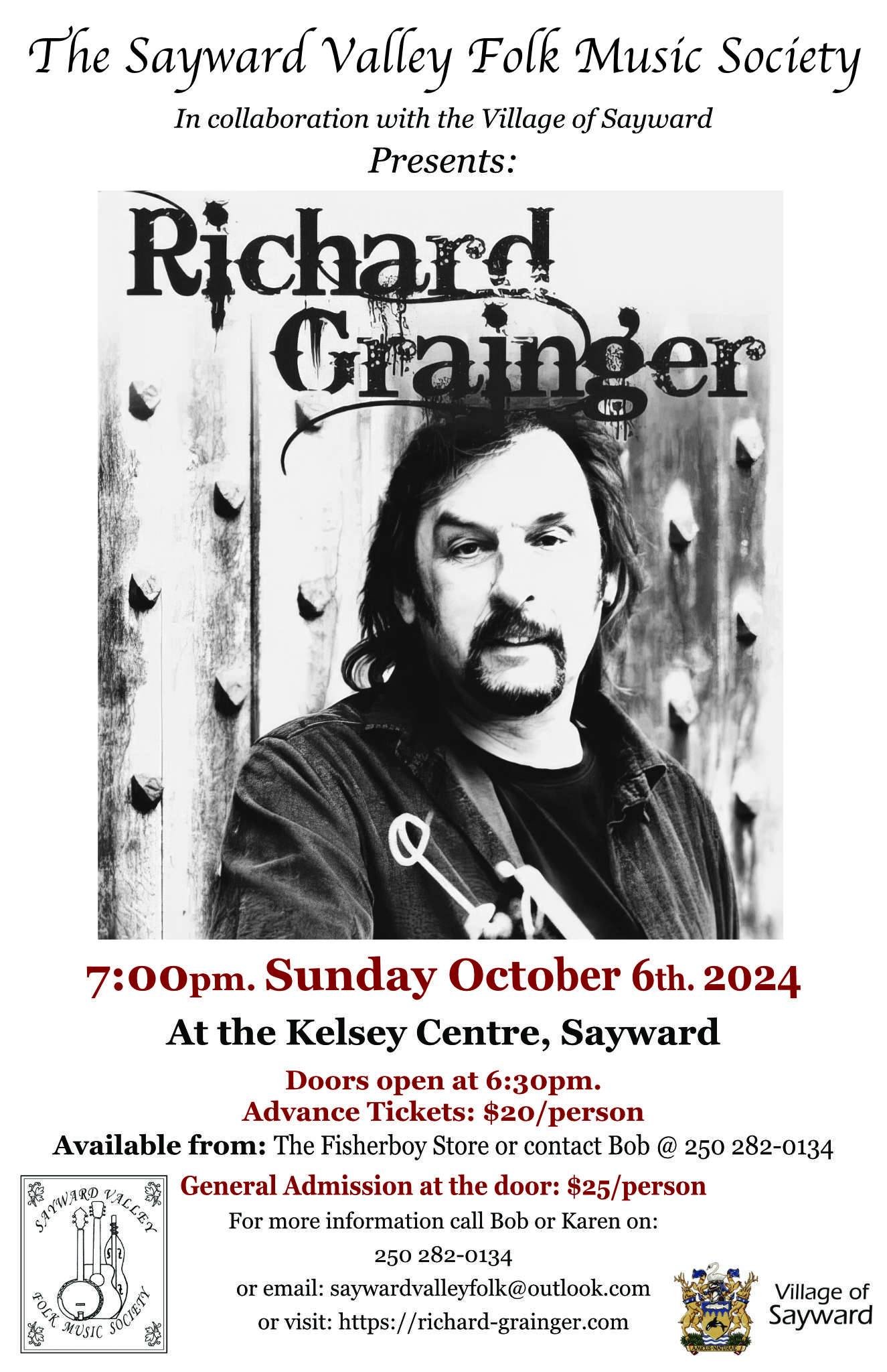 The Sayward Valley Folk Music Society Presents Richard Grainger On October 7th At 7:00pm