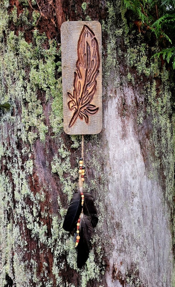 Hand Carved Raven Feather Wall Plaque On Reclaimed Cedar Fencing - By Carole's Inspirations