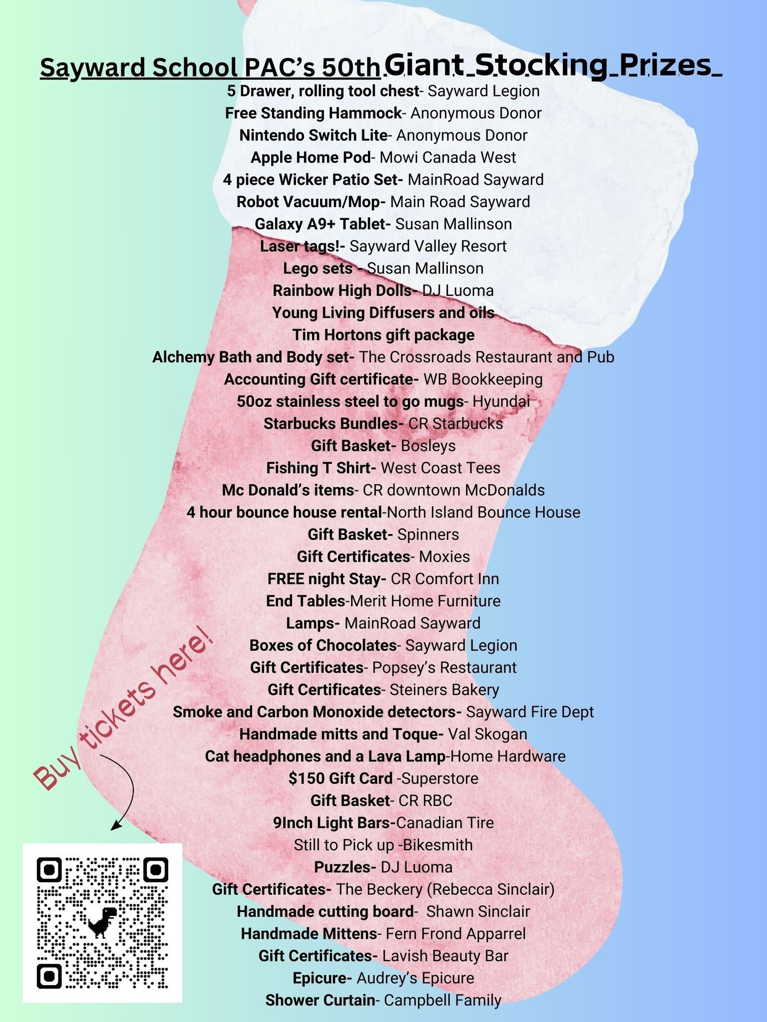 Sayward School 50th Annual Giant Stocking Raffle