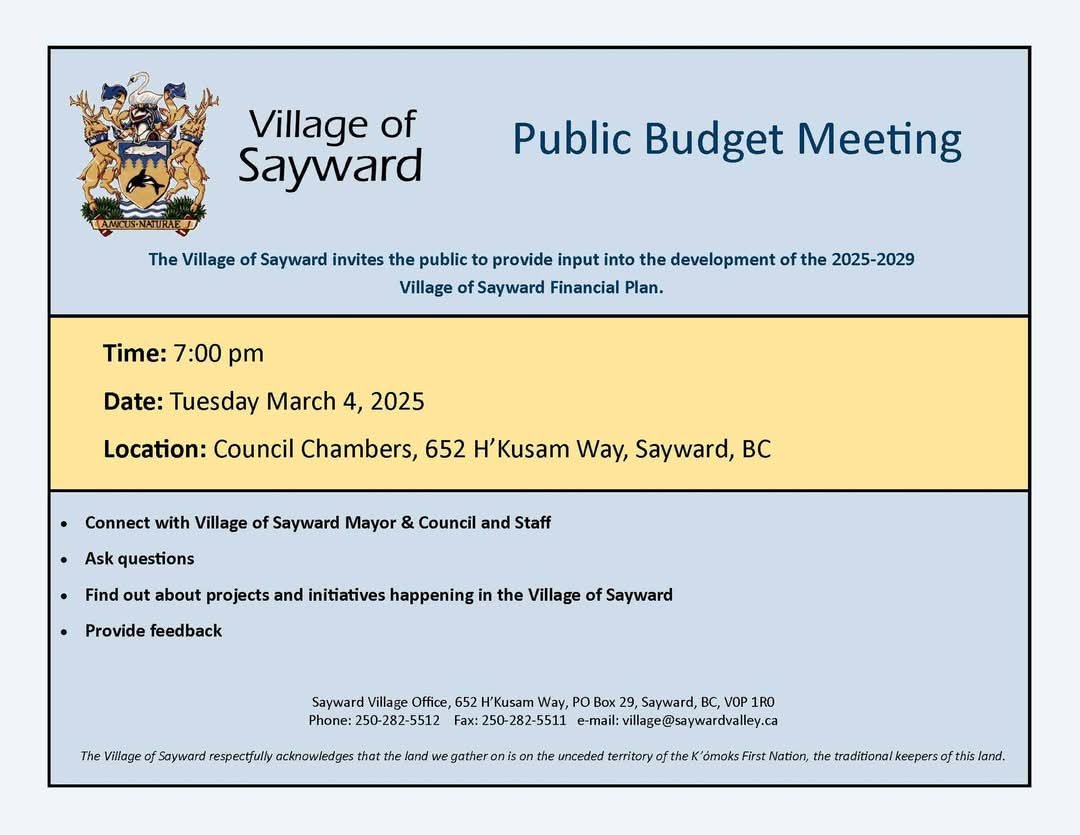 Village Of Sayward Public Budget Meeting – March 4th 7:00pm