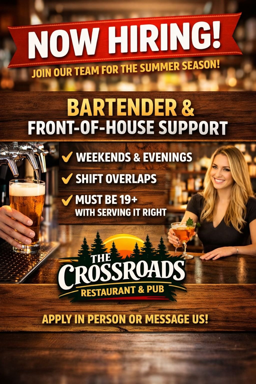 Crossroads Restaurant & Pub Hiring Bartender and Front of House Support Staff