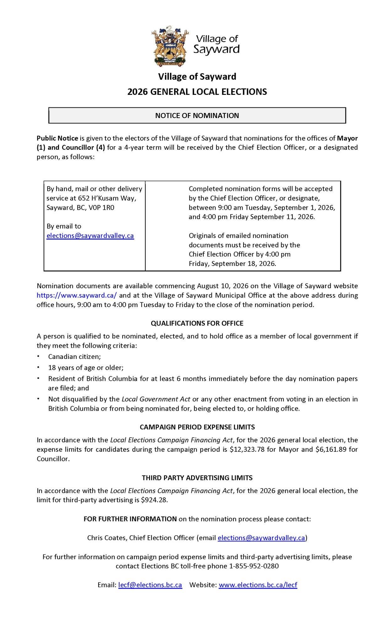 2026 General Local Elections — Village of Sayward